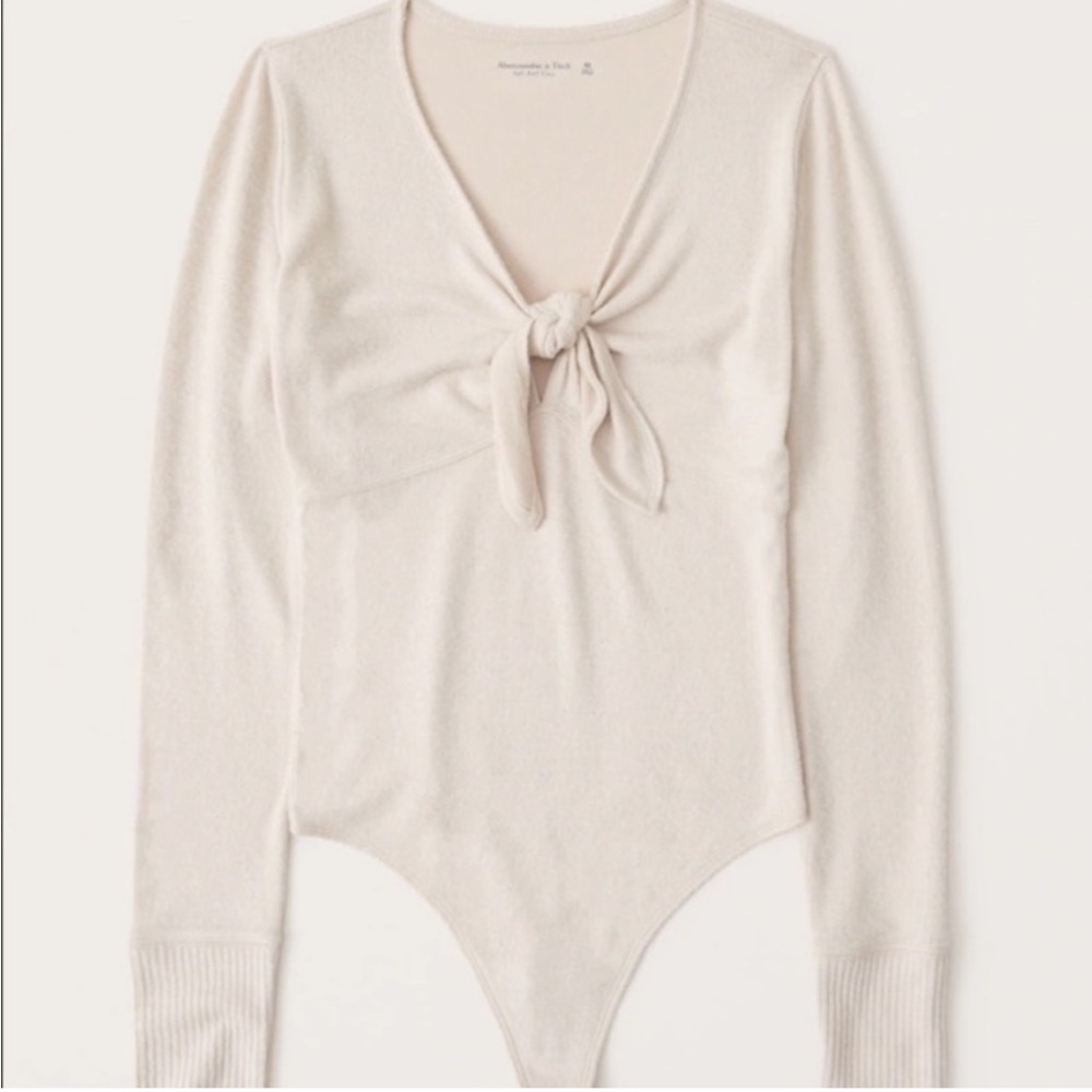 Abercrombie and Fitch Cream Soft and Cozy Tie Front Bodysuit with Ribbed Sleeve